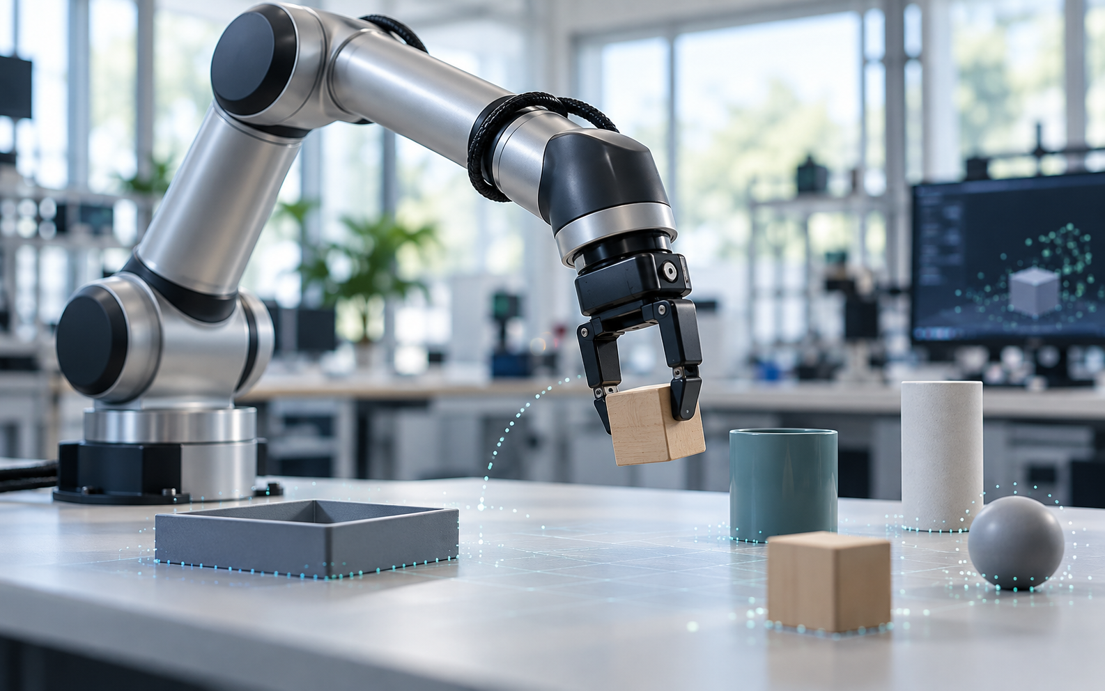 A robotic arm performing a tabletop manipulation task in a research lab